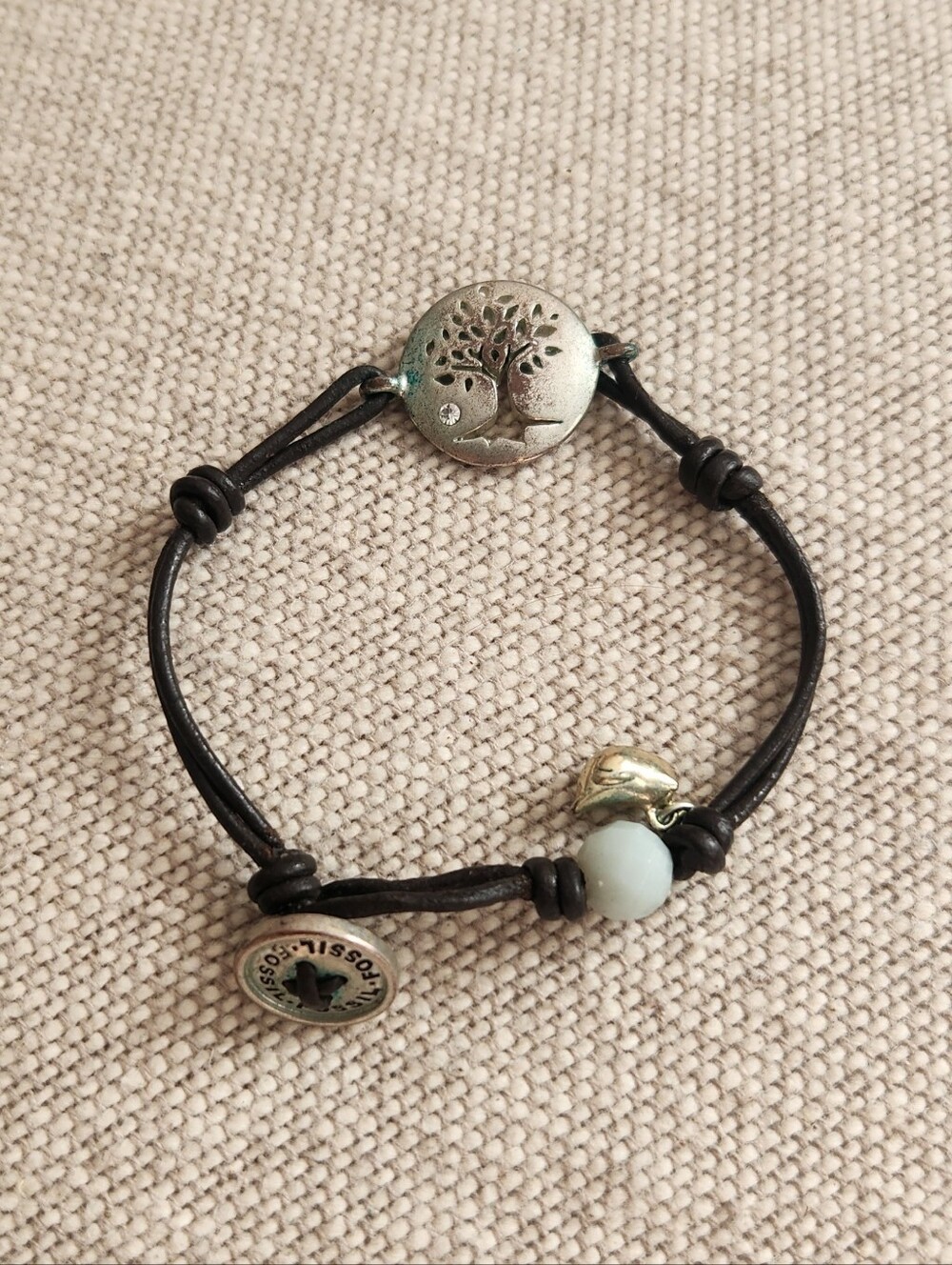 Fossil Black Leather Bracelet with Tree Charm and Pale Blue Bead